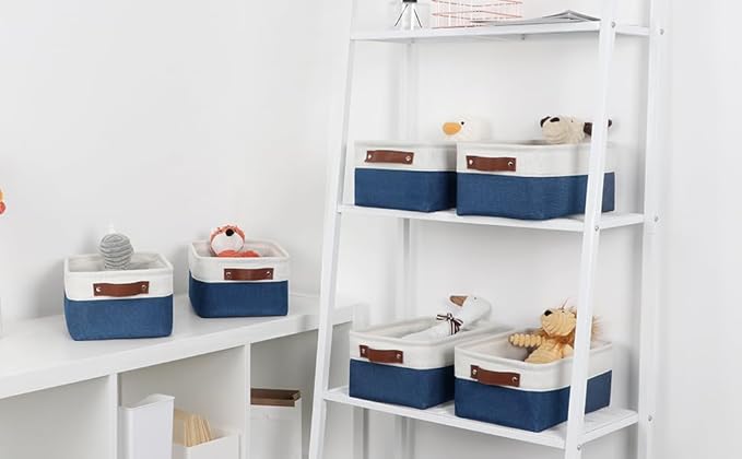DULLEMELO Small Storage Bin,Small Fabric Rectangular Storage Basket for Shelves,Collapsible Bin for Toy and Clothes Storage (White&Blue,1 Pack)-NeatNest