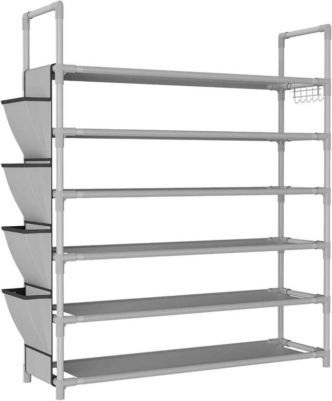 6 Tier Shoe Rack Storage for 24-30 Pairs Shoe and Boot, Shoe Organizer with Hook and Side Pocket Free Standing Long Shoe Shelf Tall Shoe Rack Organizer for Closet, Entryway, Dorm, Grey-NeatNest