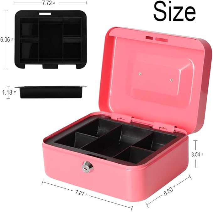 Decaller Cash Box with Money Tray, Metal Locking Money Box with Key Lock for Security, 7 4/5" x 6 4/5" x 3 3/5", Pink-NeatNest