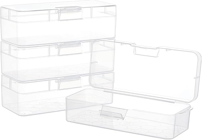BENECREAT 4 Packs Rectangle Plastic Container Box, 6.4x2.6x1.8inch Clear Storage Organizer with Hinged Lid and Hanging Hole for Small Craft Accessories Office Supplies-NeatNest