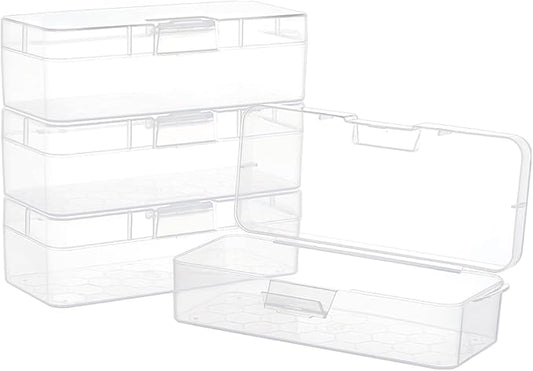 BENECREAT 4 Packs Rectangle Plastic Container Box, 6.4x2.6x1.8inch Clear Storage Organizer with Hinged Lid and Hanging Hole for Small Craft Accessories Office Supplies-NeatNest