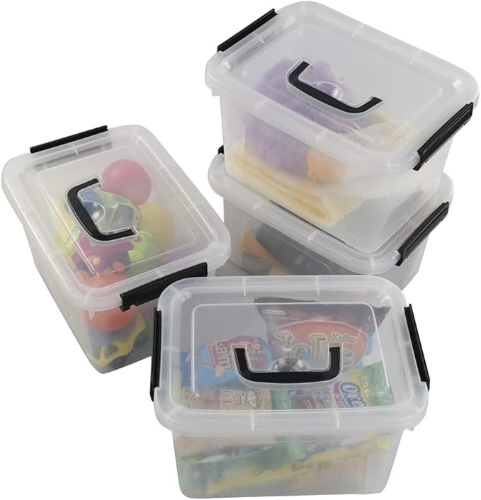 Begale 5 Quart Plastic Small Storage Container, Clear Latch Box with Latches, 4-Pack-NeatNest