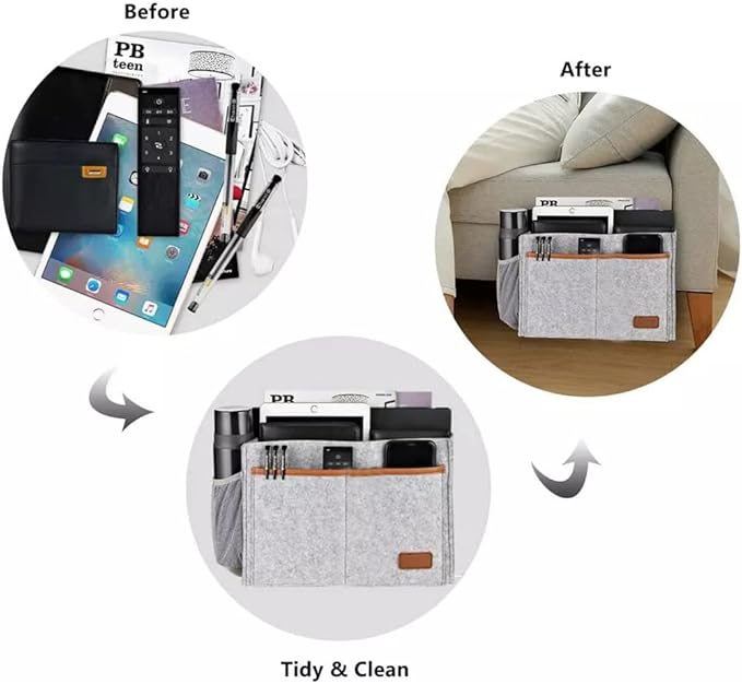 Bedside Caddy,Felt Bedside Storage Organizer, Hanging Storage for Dorm Bed Sofa for tablet Magazine Phone Remotes and Water Bottle Holder (Light Grey)-NeatNest