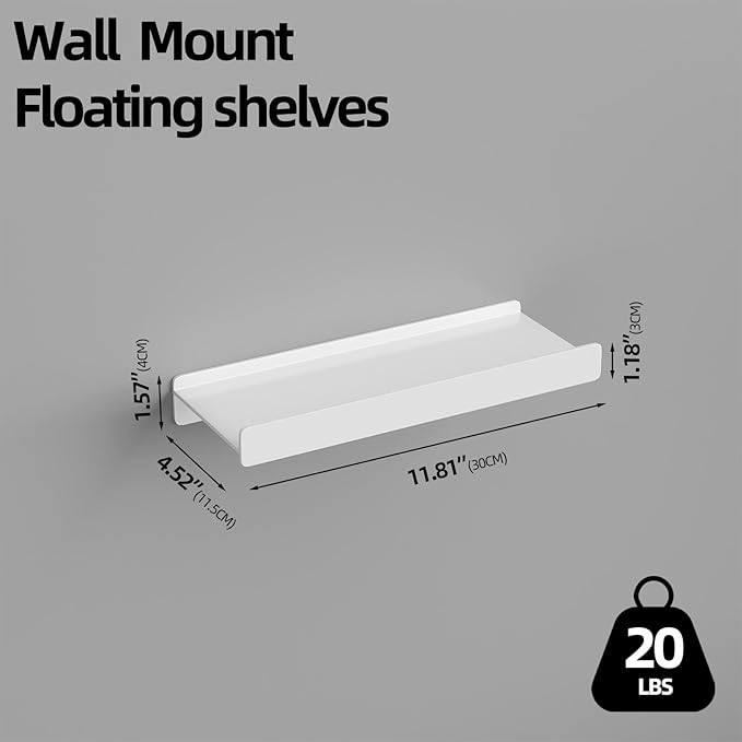 Floating Shelves for Wall, Wall Mounted Shelves with Lip for Storage, Metal Display Shelves for Home Decor, Kitchen/Living Room/Bedroom/Bathroom Shelf, White 12 inch 1 Pack-NeatNest