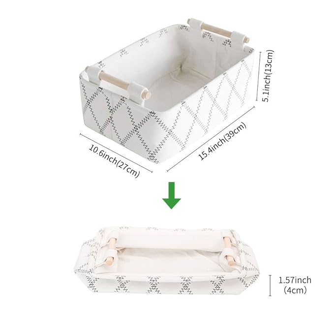 Decorative Collapsible Rectangular Fabric Storage Bin Organizer Basket with Wooden Handles for Clothes Storage,15.4x10.6x5.1 inch,White-NeatNest
