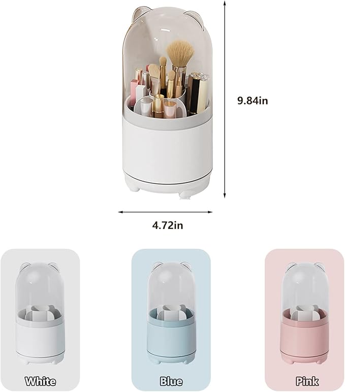 Cute Makeup Brush Holder Organizer with Lid, Rotating Dustproof Make Up Brushes Container with Clear Acrylic Cover for Vanity Desktop Bathroom Countertop-NeatNest