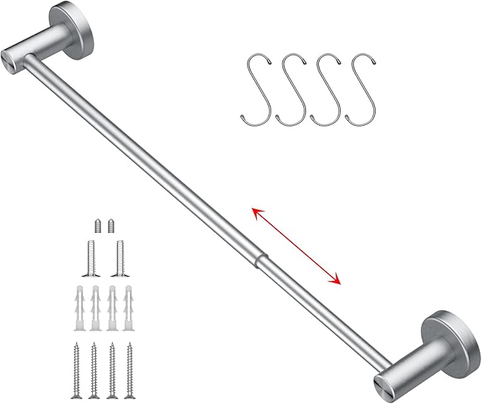 Adjustable 16 to 27.6 Inch Single Towel Bar, iMomwee Satin Brushed Nickel Finished SUS304 Stainless Steel Bath Towel Holder, Wall Mount Towel Rail for Bathroom Kitchen Washroom, 1" Diameter Towel Rod