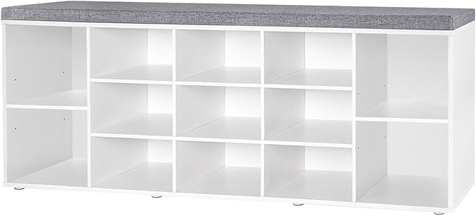 DINZI LVJ Shoe Storage Bench with Cushion, 13-Cubby Shoe Rack, Adjustable Shelves, Multifunctional Shoe Organizer Bench for Entryway, Mudroom, Hallway, Living Room, Bedroom and Garage, White-NeatNest
