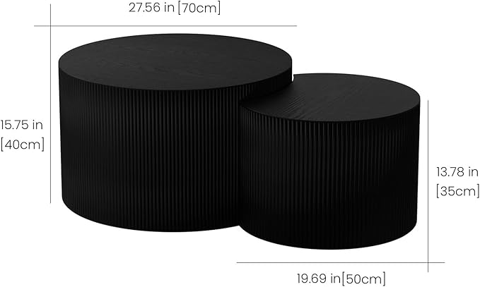 Round Nesting Coffee Table,Modern Fluted Coffee Tables Set of 2, Circle Vertical Stripe Design Drum Center Table Crescent Side Accent and Tables for Living Room (Black)