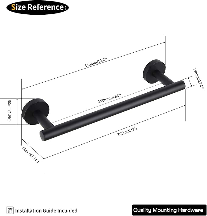 GERZ Contemporary 12-Inch Towel Bar Bath Hand Towel Holder SUS 304 Stainless Steel Wall Mounted Bathroom Organizer Matte Black AG1101C30.5-BK