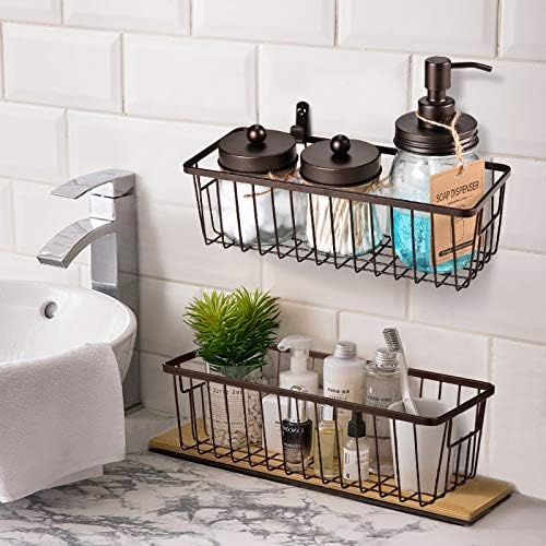 SheeChung Farmhouse Decor Metal Wire Bathroom Storage Organizer Basket Bins - for Cabinets, Shelves, Closets, Vanity Countertops, Under Sinks, Pantry, Laundry Room, Garage - Small, 2 Pack (Bronze)