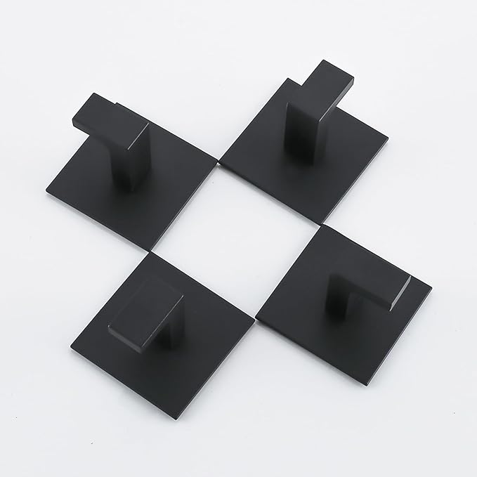 4 Pack Adhesive Black Towel Hooks Bathroom Shower Hook Robe Hanger Stickers Coat Hat Rack Square Metal Wall Hooks for Hanging