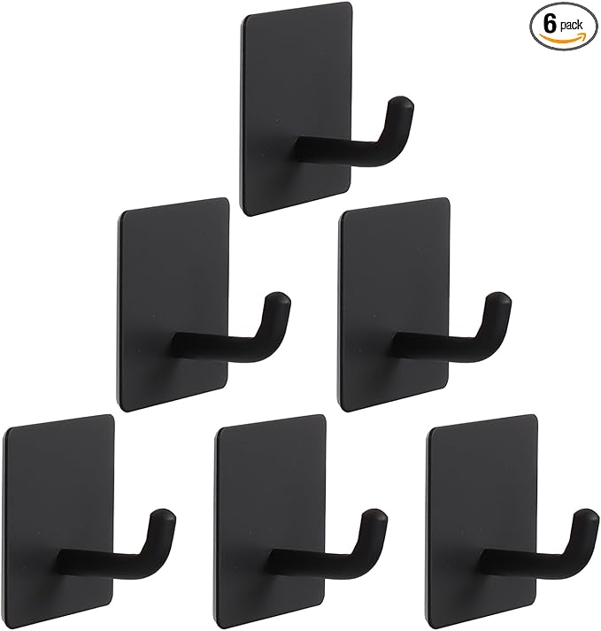 Bath Towel Hooks - 6 Pack Strong Self Adhesive Coat/Clothes Hooks, No Drilling Sticky Hooks, Heavy Duty 304 Stainless Steel Shower Wall Hook for Bathroom Kitchen Bedroom(Matte Black)