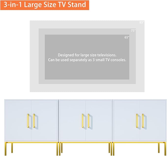 JOZZBY Buffet Sideboard Cabinet with Storage, Modern Wooden Cabinet with Adjustable Shelves, White and Gold Cabinets for Living Room, Kitchen, Hallway, Set of 3