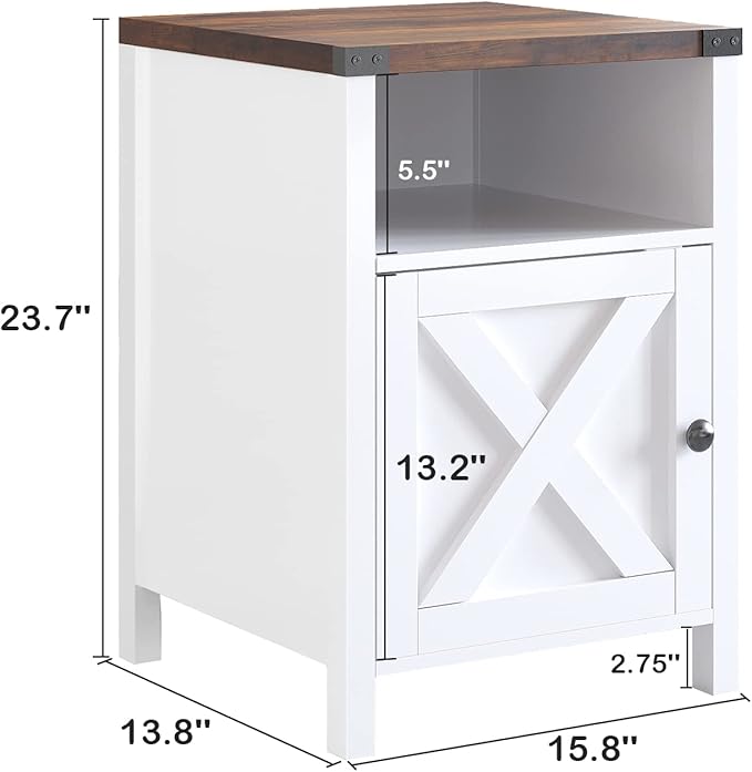 Farmhouse Nightstand, Side Table, End Table with Barn Door and Shelf, Modern Bed Side Table End Table, Rustic Nightstands Set for Bedroom, Living Room, White