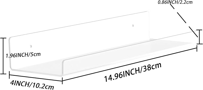 4 Pack Acrylic Shelves for Wall Storage,15" Floating Bookshelves for Kids, Display Shelf for Bathroom, Bedroom,Decor, Clear