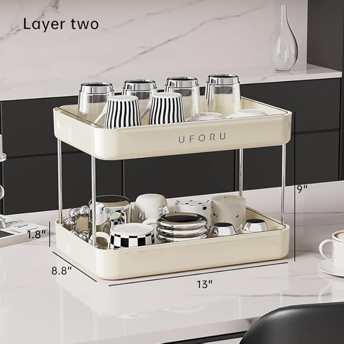 Countertop Coffee Station Organizer, 2 Tier Wine Glass Holder, Mug Shelf with Removable Drain Tray, Spice Rack for Kitchen, Bathroom Countertop Organizer, Cream White-NeatNest