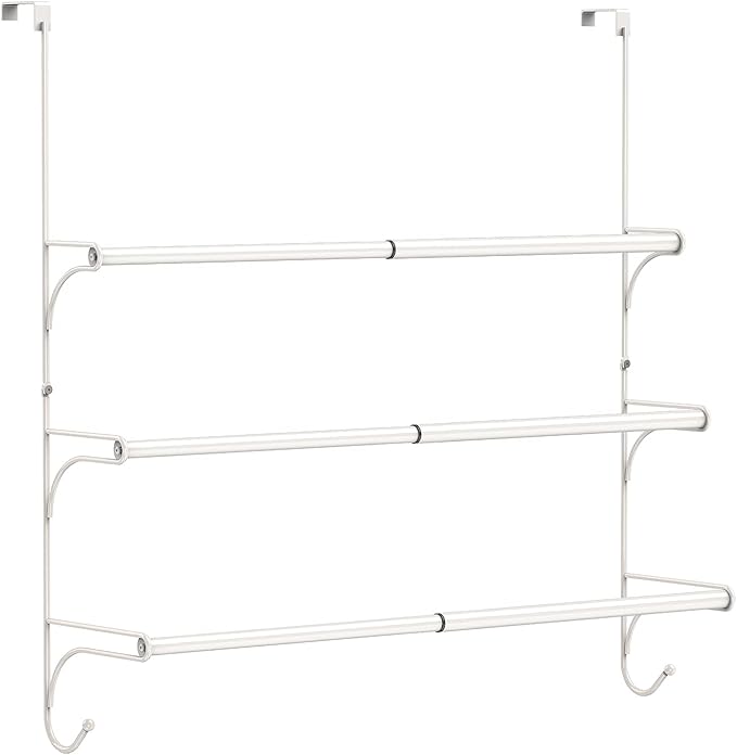 AULEDIO Adjustable Over The Door Triple Towel Rack with Hooks,White