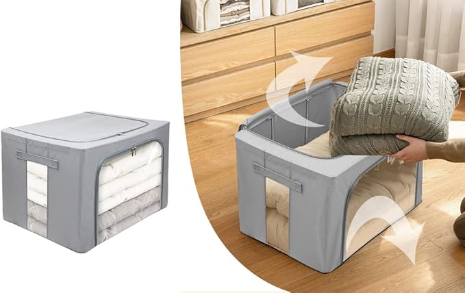 Stackable Clothes Storage Box for Clothing Gadgets,Steel Frame Storage Bins for Toys Gift,Foldable Oxford Fabric Closet Organizer Bag Set with Carry Handles Clear Window (Large- 66L x3 Pack, Grey)-NeatNest