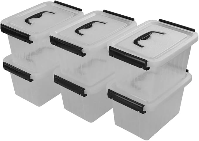 Bringer 3 Quart 6-Pack Clear Plastic Storage Boxes, Latch Box with Black Handle-NeatNest