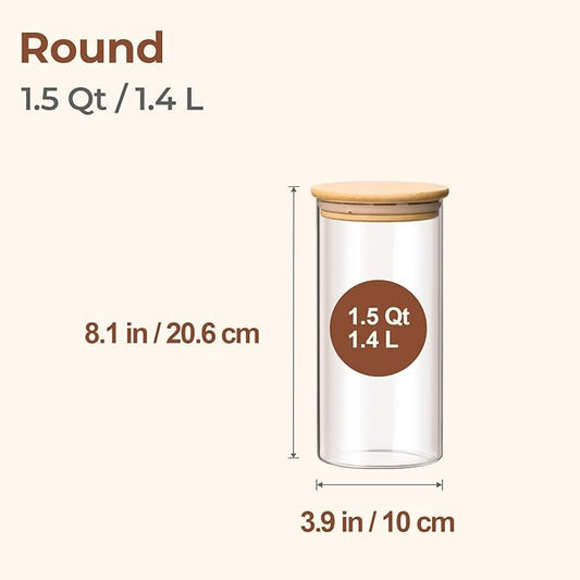 ComSaf Airtight Glass Storage Canister with Wood Lid(1.5 Qt), Set of 3 Glass Jars with Lids, Clear Food Storage Container Jar with Sealing Lids for Dry Food Cereal Oat Sugar Tea Coffee Beans, Round-NeatNest