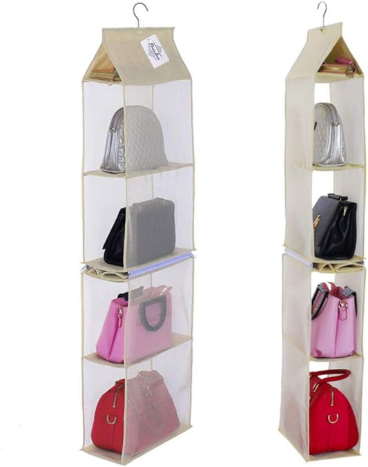 Detachable 4 Compartment Pouch Hanging Handbag Organizer Clear Purse Bag Storage Holder Wardrobe Closet Space Saving Organizers System for Living Room Bedroom(Pack of 2 Beige)-NeatNest