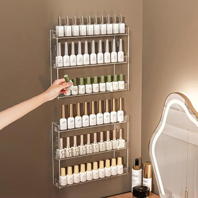 3 Layers Makeup Organizer Wall Mounted, Acrylic Invisible Floating Shelves with Anti-Slip Adhesive Backing, Sunglasses Display Rack, Nail Polish Storage, Clear (1 Pack)-NeatNest