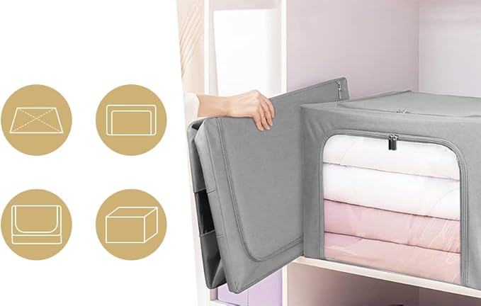 Stackable Clothes Storage Box for Clothing Gadgets,Steel Frame Storage Bins for Toys Gift,Foldable Oxford Fabric Closet Organizer Bag Set with Carry Handles Clear Window (Large- 66L x3 Pack, Grey)-NeatNest