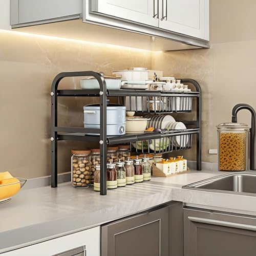 Under Sink Organizer,2 Tier Expandable Heavy Duty Metal Shelf,with 5 Removable Panels and 5 Storage Basket for Under Kitchen Bathroom Sink Organizers and Storage(Black, Large)