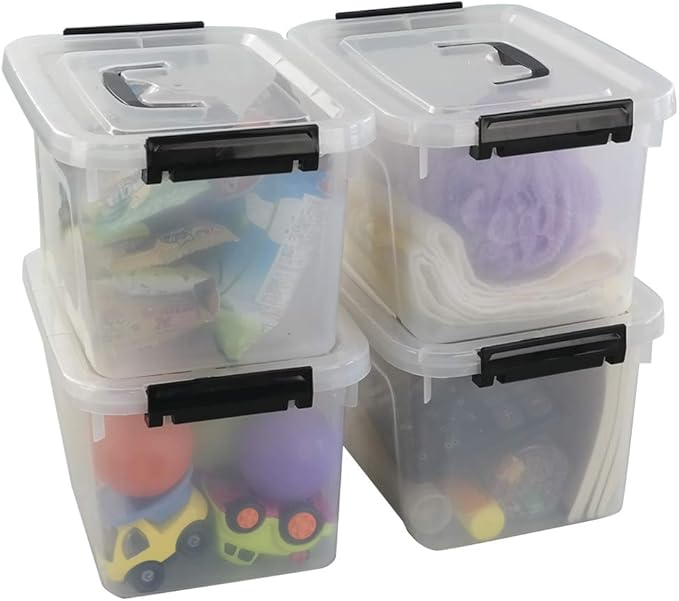 Begale 5 Quart Plastic Small Storage Container, Clear Latch Box with Latches, 4-Pack-NeatNest