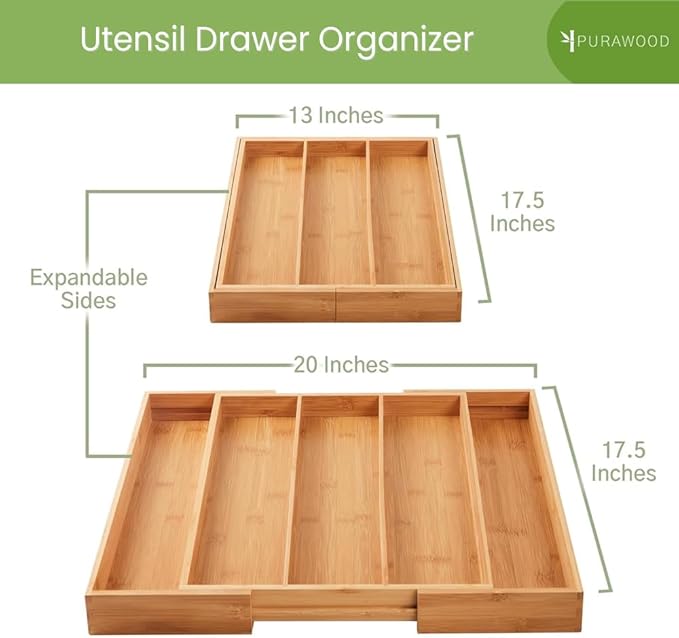 Bamboo Drawer Organizer, 2 Pack - Expandable Silverware Organizer & Utensil Drawer Organizer, Cutlery Tray with Dividers, 7-9 Slots - Premium Kitchen Organizer for Utensils & Flatware (Natural)-NeatNest