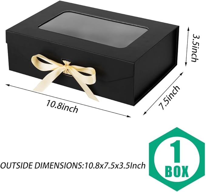 Black Gift Box for Presents with Ribbon 10.8x7.5x3.5 Inches Clear Gift Box with Window Magnetic Closure Gift Boxes with Lids-NeatNest
