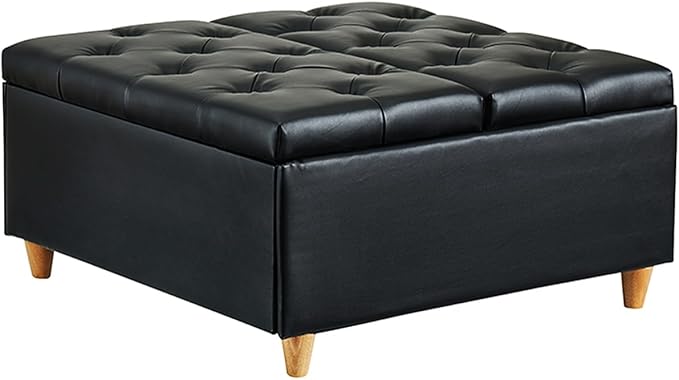 GAOMON Leather Storage Ottoman Coffee Table with Lift Top, Faux Leather Tufted Upholstered Ottoman with Storage, Large Square Storage Ottoman Bench for Bedroom Living Room(Leather, Black)