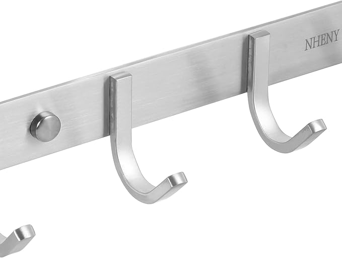 Coat Hook Rack Hanger –Towel Hook Rail with 5 Hooks 13-Inch Wall Mounted for Bedroom, Bathroom, Hallway, Garage, Garden, Office, 304 Stainless Steel Brushed Nickel, Easy Installation (Silver)-NeatNest