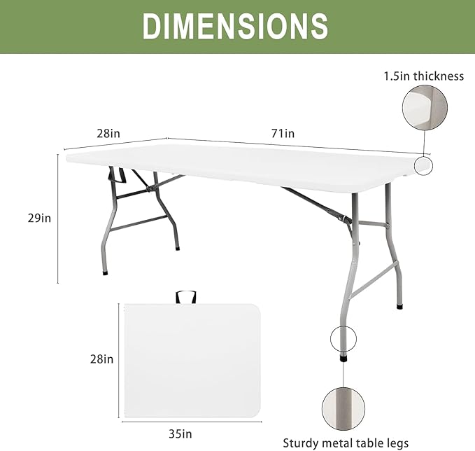 6FT Plastic Folding Table, Portable Picnic Table Outdoor, for Camping, Party, Wedding,Picnic, with Lock, Handle - White-NeatNest