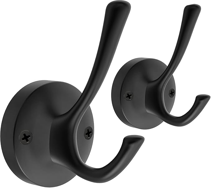 Black Towel Hooks, 2 Pack Coat Robe Hook Heavy Duty Metal Double Bathrobe Hook Wall Mounted, Hand Towels Hooks for Cubicle Bathroom Kitchen Closet Garage-NeatNest