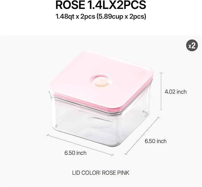 Premium Airtight Food Storage Containers ROSE Square 1.48qt 2P/SET, Patented Double Silicone Lining, 100% Leak Proof, BPA-FREE