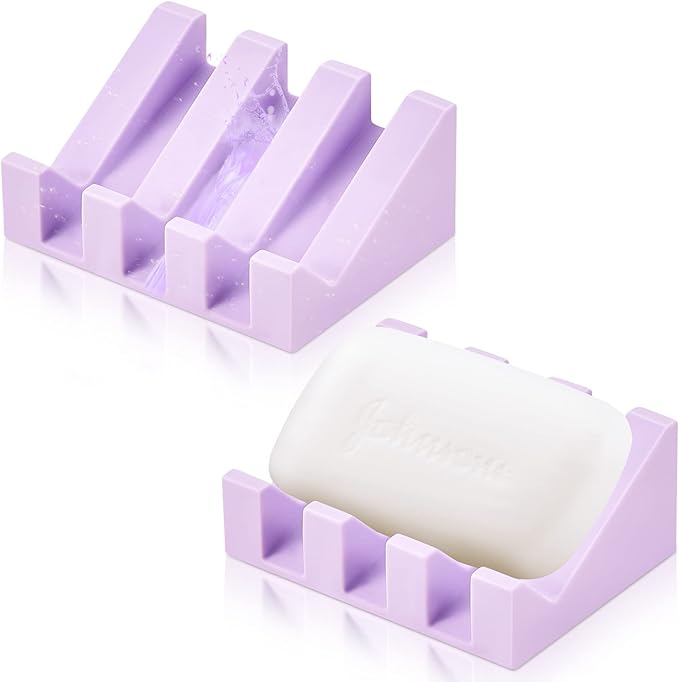 Cunhill 2 Pieces Silicone Soap Dish Self Draining Soap Dish Shower Waterfall Bar Soap Holder Tray with Drain Soap Saver for Kitchen Bathroom Accessories (Light Purple)-NeatNest