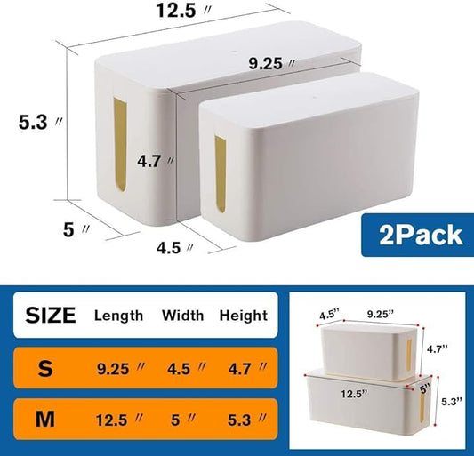 Cable Management Box Organizer, Pack of 2 Wire Concealer to Cover Hide Surge Protector & Power Strip on Desk Floor, with 5 Cord Fastening Tapes for Office, Home, Kitchen (Ice White)-NeatNest