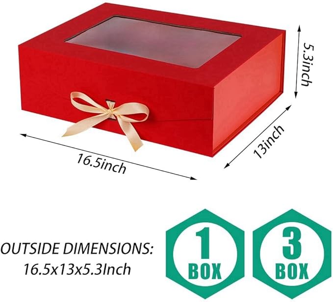 3 Pcs Red Extra Large Gift Box for Presents with Ribbon 16.5x13x5.3 Inches Clear Gift Box with Window Magnetic Closure Gift Boxes with Lids-NeatNest