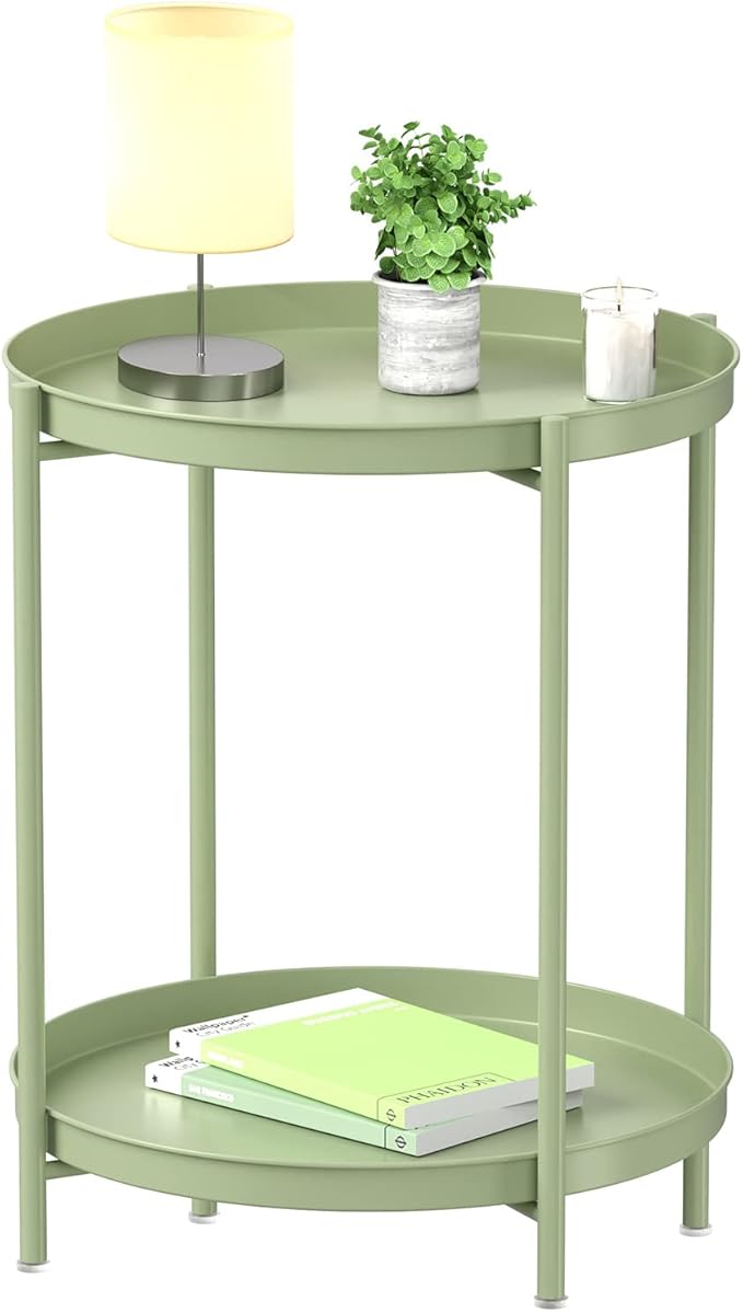 EKNITEY 2 Tier End Table - Metal Side Table Waterproof Small Sofa Coffee Side Tables Bedroom Indoor Outdoor with Removable Tray for Living Room Bedroom Balcony and Office (Atrovirens)-NeatNest