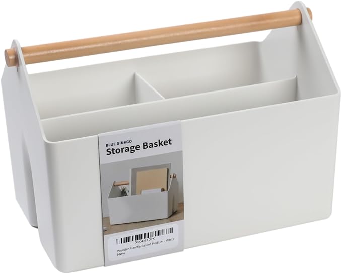 BLUE GINKGO Medium Storage Basket – Plastic Caddy with Wooden Handle for Office, Arts & Crafts, or Home Supplies (White)-NeatNest