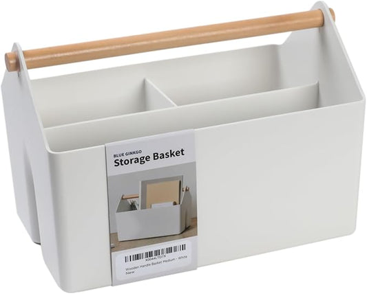 BLUE GINKGO Medium Storage Basket – Plastic Caddy with Wooden Handle for Office, Arts & Crafts, or Home Supplies (White)-NeatNest