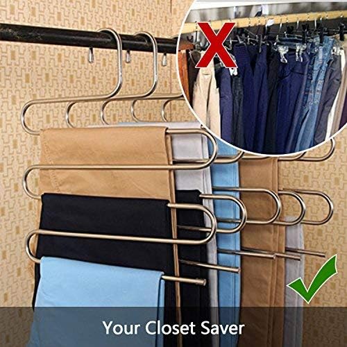 devesanter Pants Hangers Non-Slip S-Shape 4 Pack Trousers Hangers Stainless Steel Clothes Hangers Closet Storage Organizer for Pants Jeans Scarf (4 Pack with 10 Clips)-NeatNest