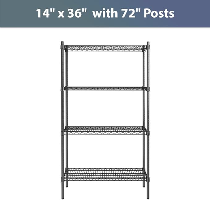 14" x 36" NSF Black Epoxy 4-Shelf Kit with 72" Posts, Commercial Storage Rack Unit, Heavy Duty Storage Shelving, Wire Shelving Kit, Adjustable Rack Strong Steel, Multipurpose Wire Shelf