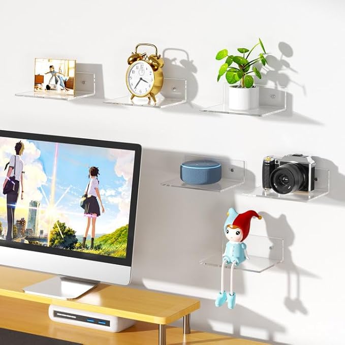 FEMELI 2 PCS 6" Acrylic Floating Shelves, Clear Shelf for Display, Plant, Perfume, Book in Bedroom Living Room Office, 5mm Thick Wall-Mounted Acrylic Shelves for Wall