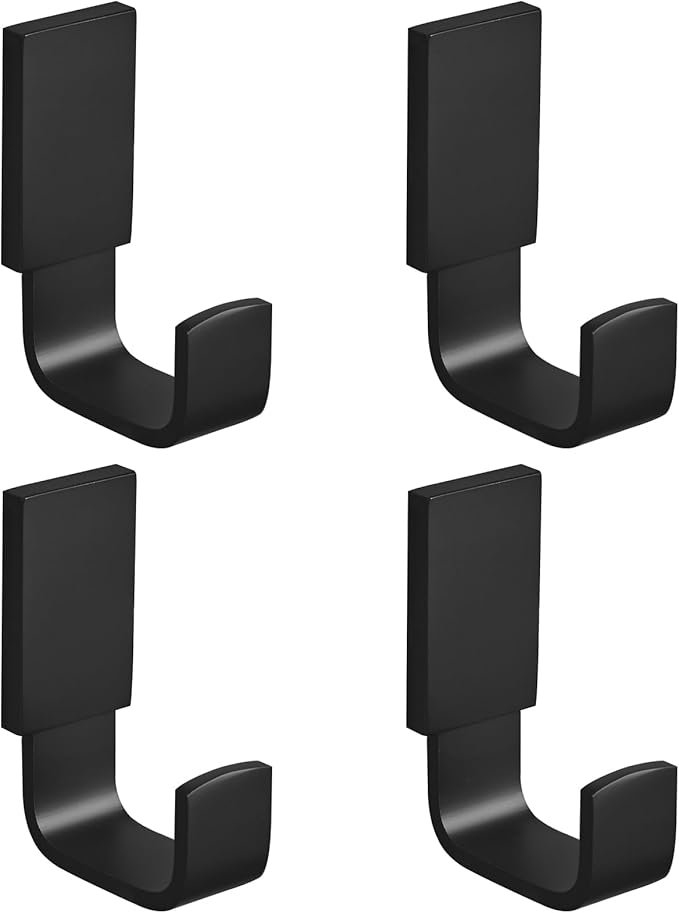 BESy Brass Clothes Hook Single Towel Hook for Bathroom Kitchen Garage Square Style Robe Hooks Coat Hooks Hat Hook, Self Adhesive with Glue or Wall Mounted with Screws, Four Packs, Matte Black-NeatNest