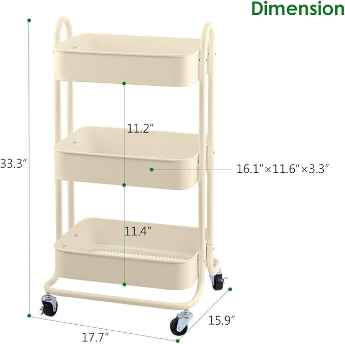 Melody House 3-Tier Metal Mesh Utility Rolling Cart Storage Organization Cart with Wheels, Beige