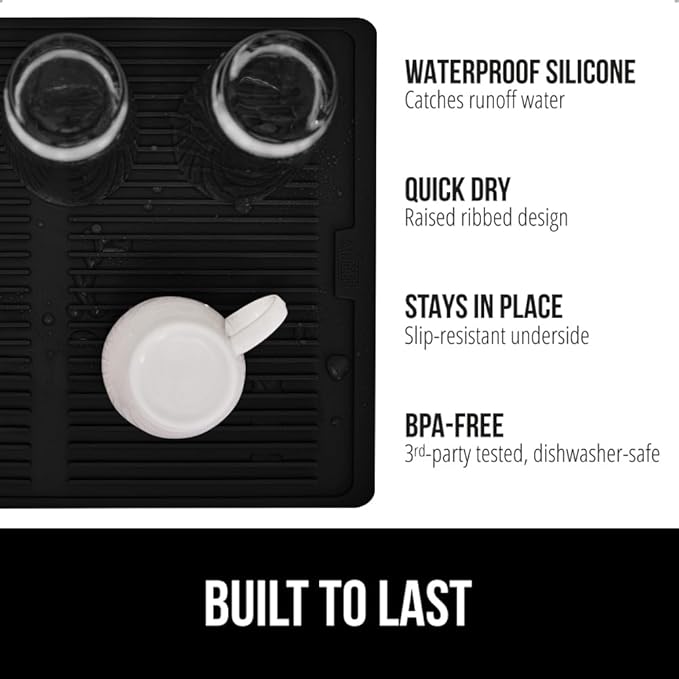 GORILLA GRIP 100% BPA-Free Patented Silicone Dish Drying Mat for Kitchen Counter, Water Catching Ribbed Design, Easy Clean Waterproof Sink Liner, Heat Resistant, Fits Under Rack, 16x12 Inch, Black