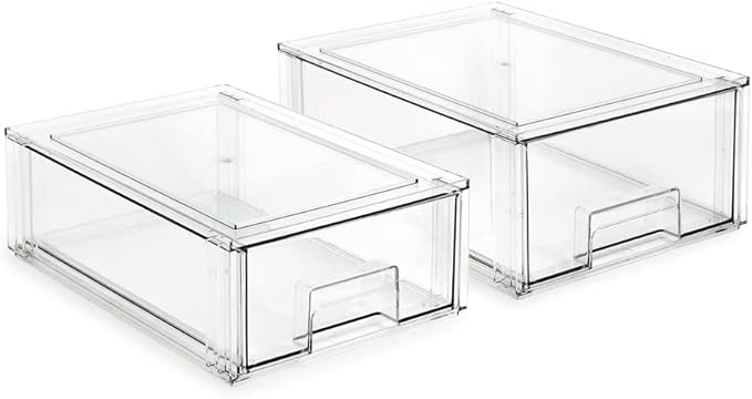 Isaac Jacobs Stackable Organizer Drawer Set (1 Medium, 1 Large), Clear Plastic Storage Boxes, Pull-Out Bins, Home, Office, Closet, Shoes, BPA-Free, Food/Fridge/Freezer Safe (1 Medium, 1 Large)